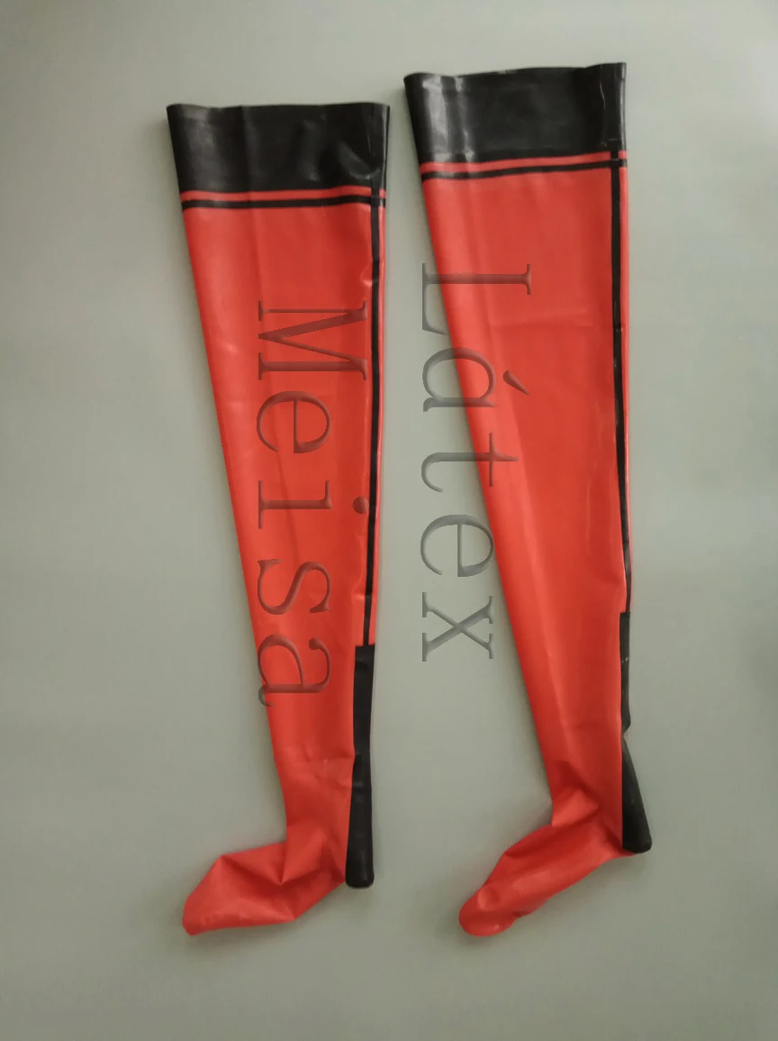 Red 100% natural rubber tight stockings decorative with black trims on top for ladies