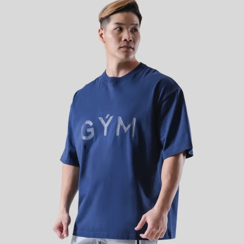 S-5XL Gym T-shirt Men Cotton Sports Short Sleeve Running T Shirt Fitness Loose Workout Tees Tops Summer Bodybuilding Clothing