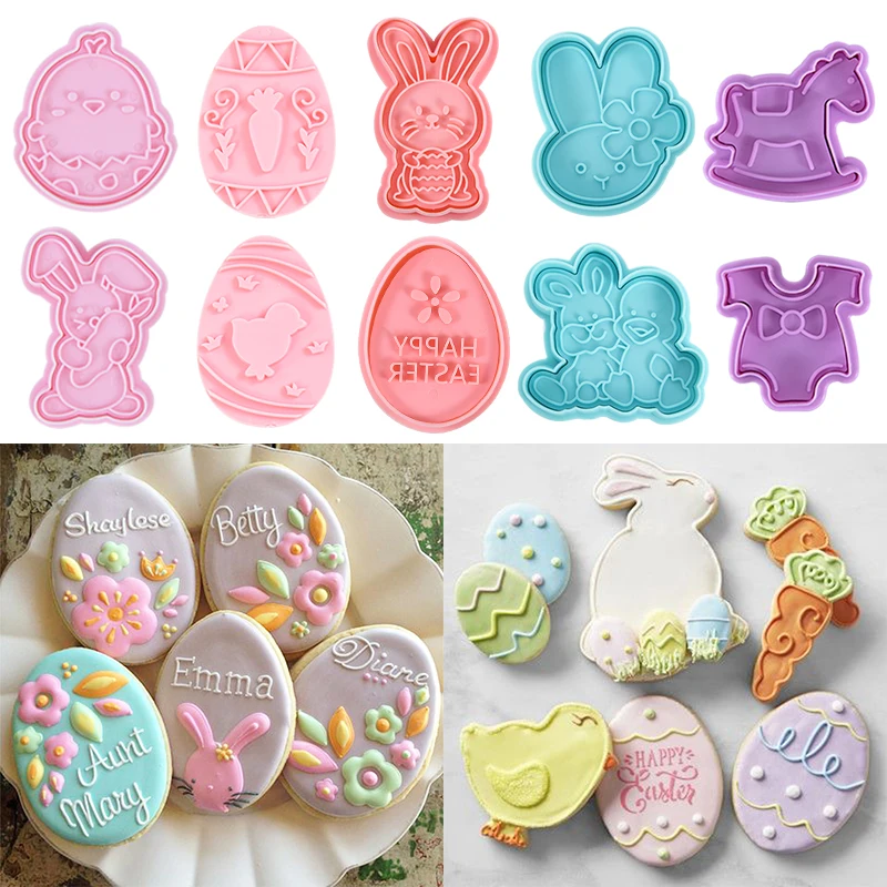 

4/5/6/8/10pcs Easter Plastic Cookie Cutter 3D Cartoon Egg Rabbit Chick Biscuit Fondant Mould Easter Party Cake Decor Baking Tool