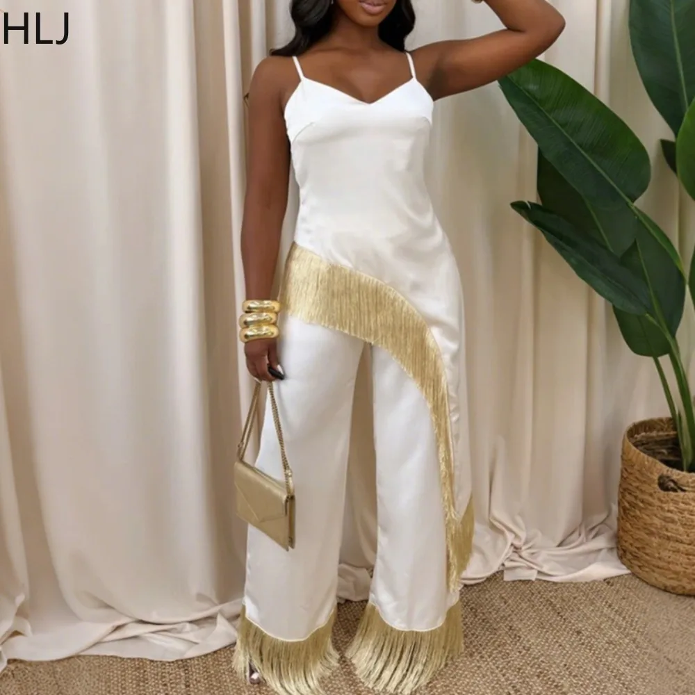 

Сексуальный комплект из 2 предметов с бахромой и пэчворком для женщин: топ без рукавов на тонких бретелях с открытой спиной и широкие брюки, женская уличная одежда