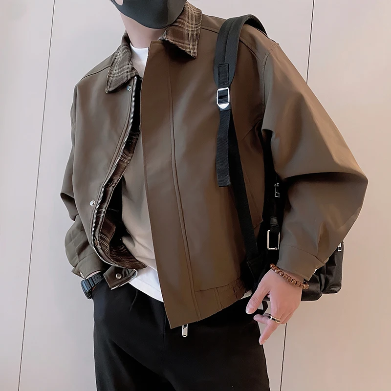 

Autumn Vintage Checkered Patchwork Baseball Jacket Men Korean Loose Casual Jacket Flip Collar Social Streetwear Short Overcoat