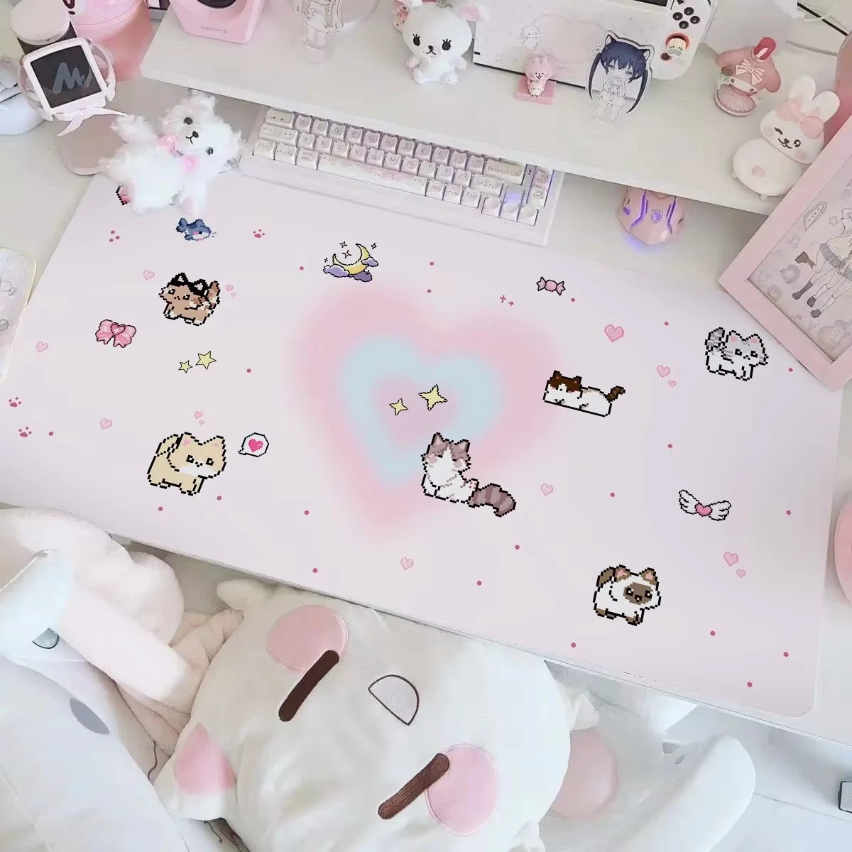 Leather Desk Pad Protector Y2K Pink Gradient Dog Puppy Bunny Mouse Pad Office Desk Mat Waterproof Non-Slip PU Desk Blotter Pad