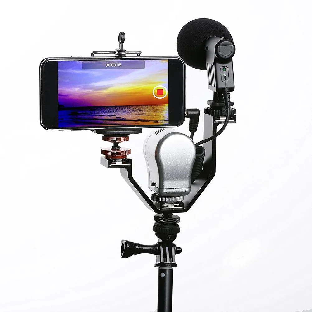 

3 in 1 V Bracket Hot Shoe Mount Video Accessories Triple Shoe Bracket for Camera Microphones Lights Monitors Black