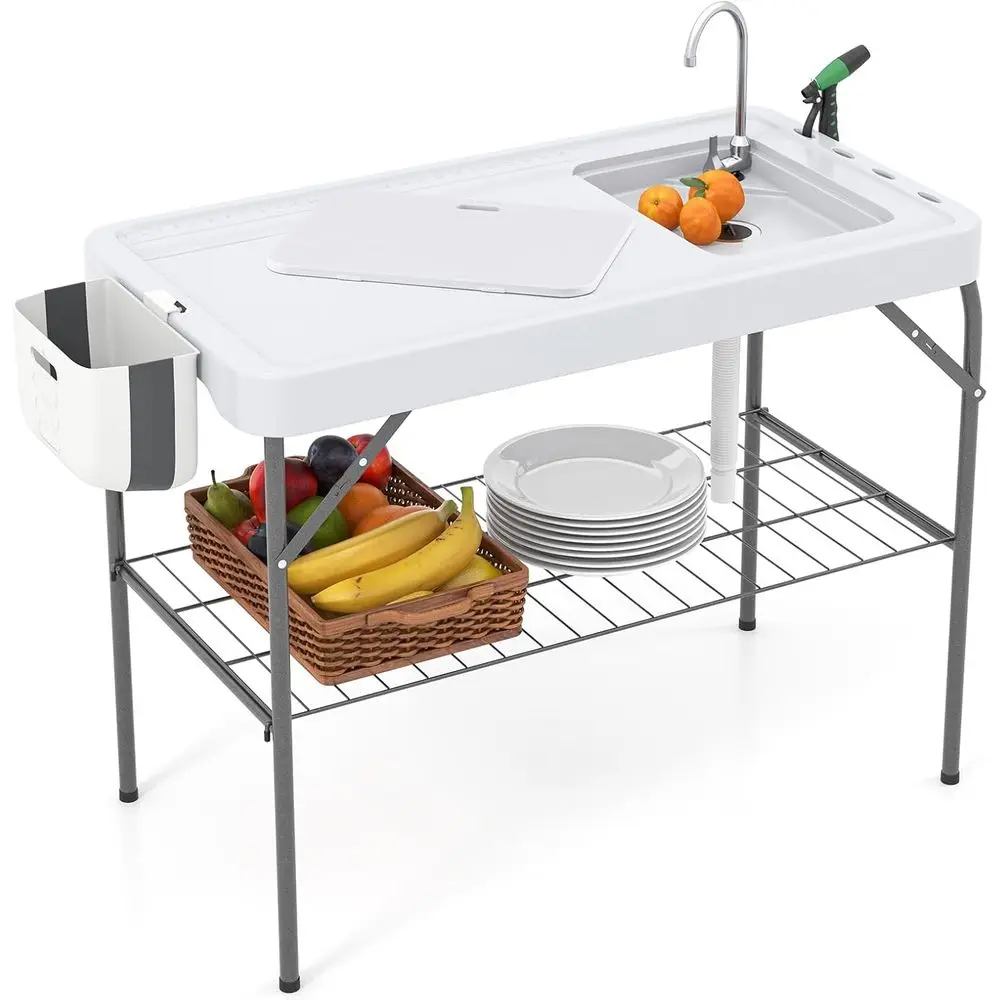 

Портативный походный стол-раковина с мойкой, распылителем, сливным шлангом, сетчатой подставкой и подставкой для коленей для уборки на улице или пикников