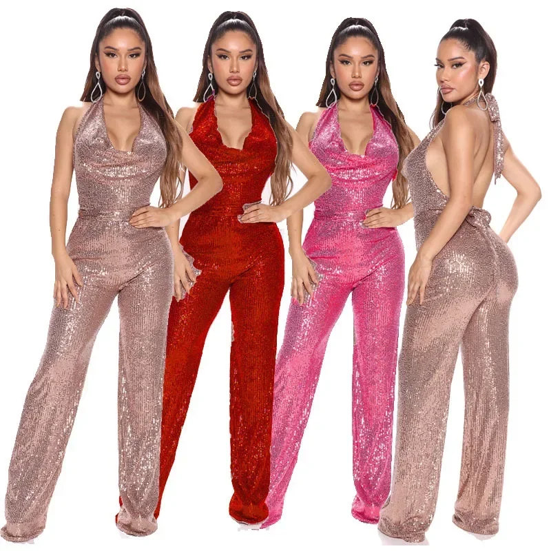 

Women Sexy Jumpsuits Sequins Backless Halter Party Sleeveless Elasticity Lady Fashion Club Casual Straight Long Clothing