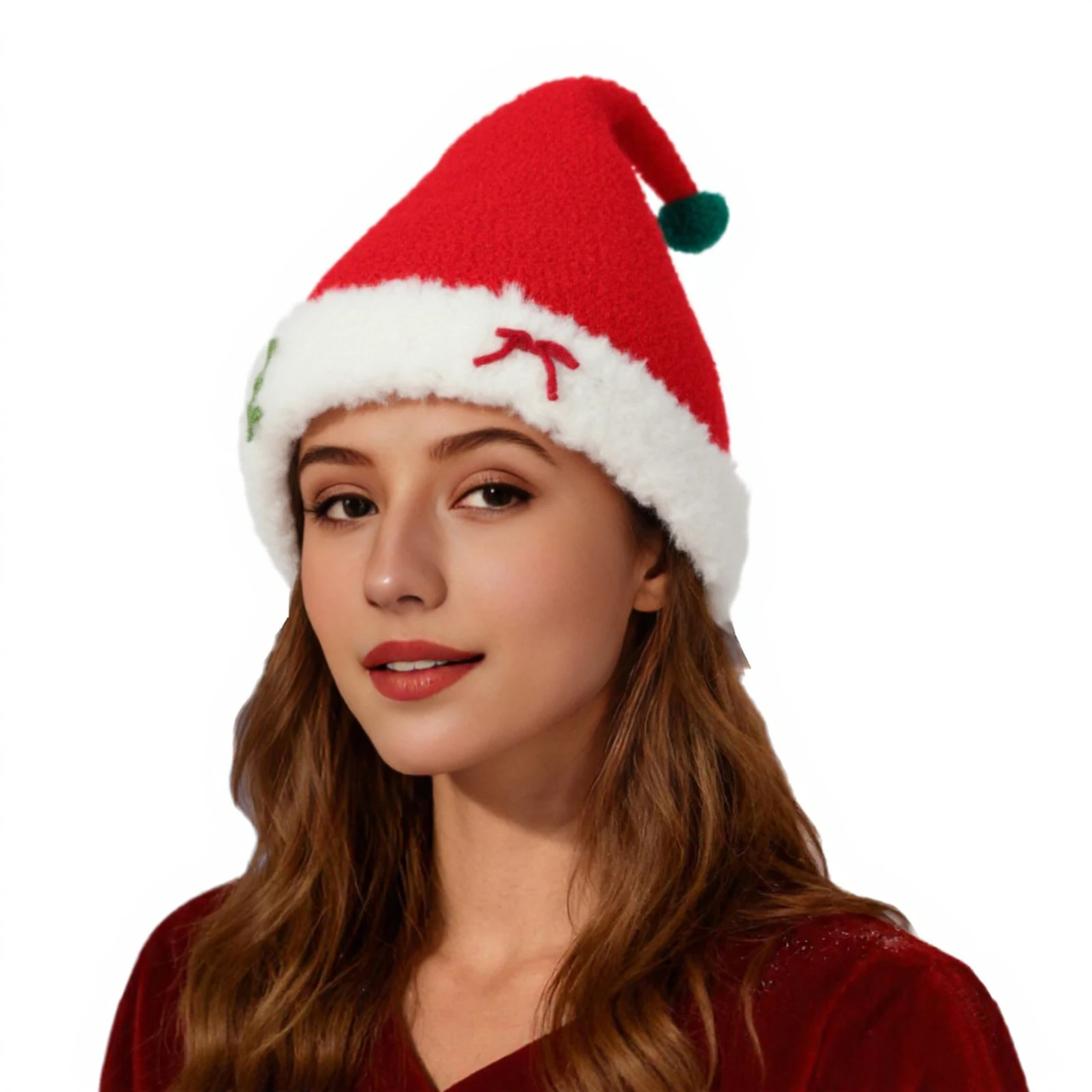 1 قطعة قبعة عيد الميلاد القطيفة حفلة كرنفال اليومية التباين اللون تصميم Pompom سميكة قبعة عيد الميلاد الدافئة للنساء حفلات المهرجان #1