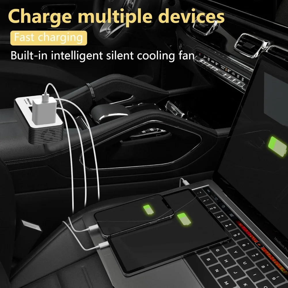 محول طاقة السيارة 200 وات، منفذ محول قابس السيارة PiSFAU DC 12V إلى 110V AC مع [20W USB-C] /USB-Fast Charger (18W) 4.8A USB مزدوج