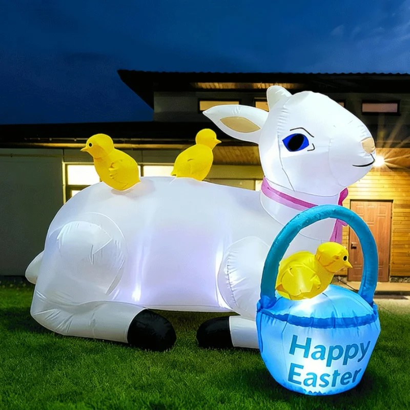 Inflatables Easter Squatting Rabbit with Chick Basket Decoration Cute Bunny Blow Up Toys Easter Outdoor Yard Garden Party Decor