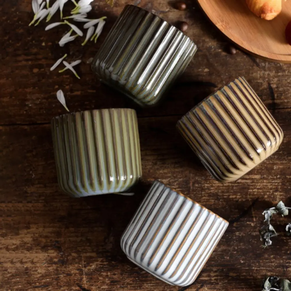Vertical Striped Japanese Style Ceramic Tea Cup Kiln-Changed Glaze Vintage Coffee Mug Non-slip Bottom Wear-resistant Water Cup