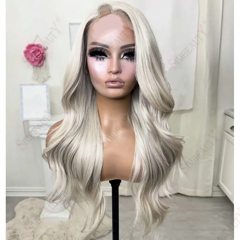 Klebefreie Platinblonde Natürliche Welle 1x4 Größe U-Part-Perücken aus Echthaar für Frauen, Lang 26 Zoll, Vollmaschinell Hergestellt, V-Part-Perücke – Detail 2