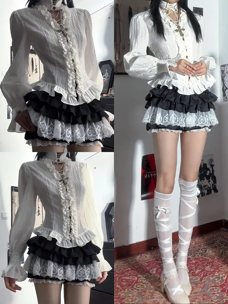 Y2k Retro Ruffle Lace Long Sleeve Waist Cinched 2 Piece Sets Women Ruffle Skirt Shirt Set Gothic Chic Daily Party Female Clothes