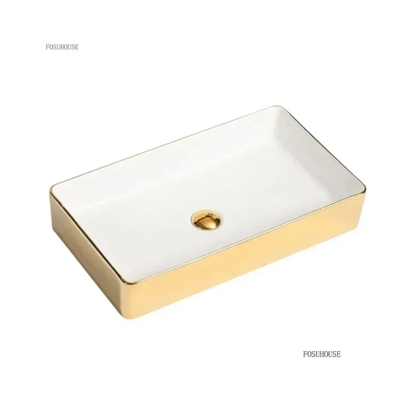

Luxury Gold Ceramic Tabletop Bathroom Sinks Home Hotel European Minimalist Household Washbasin Square Bathroom Wash Basins d