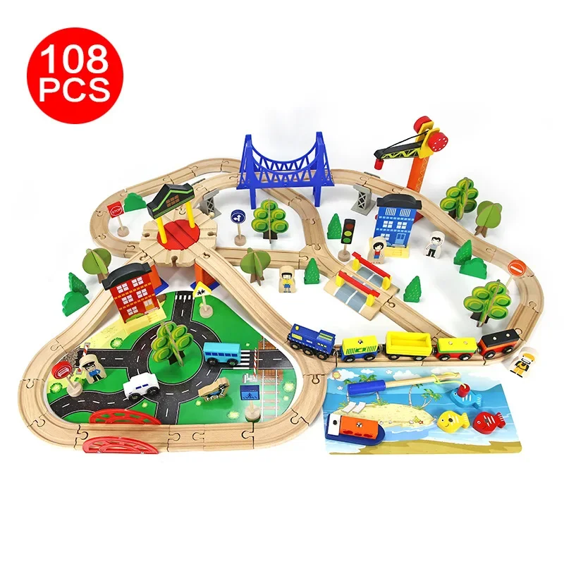 Children's Toys 108pcs Wooden Diy Puzzle Railway Cars Building Blocks Set House Accessories Constructor Montessori Board Games