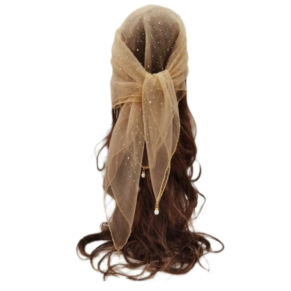 

Pearl Tassel Rhinestone Square Scarf Hair Wrap Solid Color Full Sky Star Headwrap Breathable Fabric Lace Trim