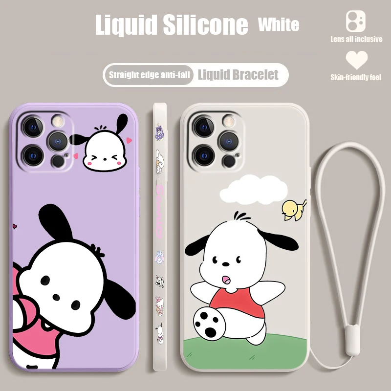 

Sanrio Cartoon Pacha Dog Liquid Left Rope For Apple iPhone 15 14 13 12 11 XS XR X 8 7 SE Pro Max Plus Mini Cover Phone Case