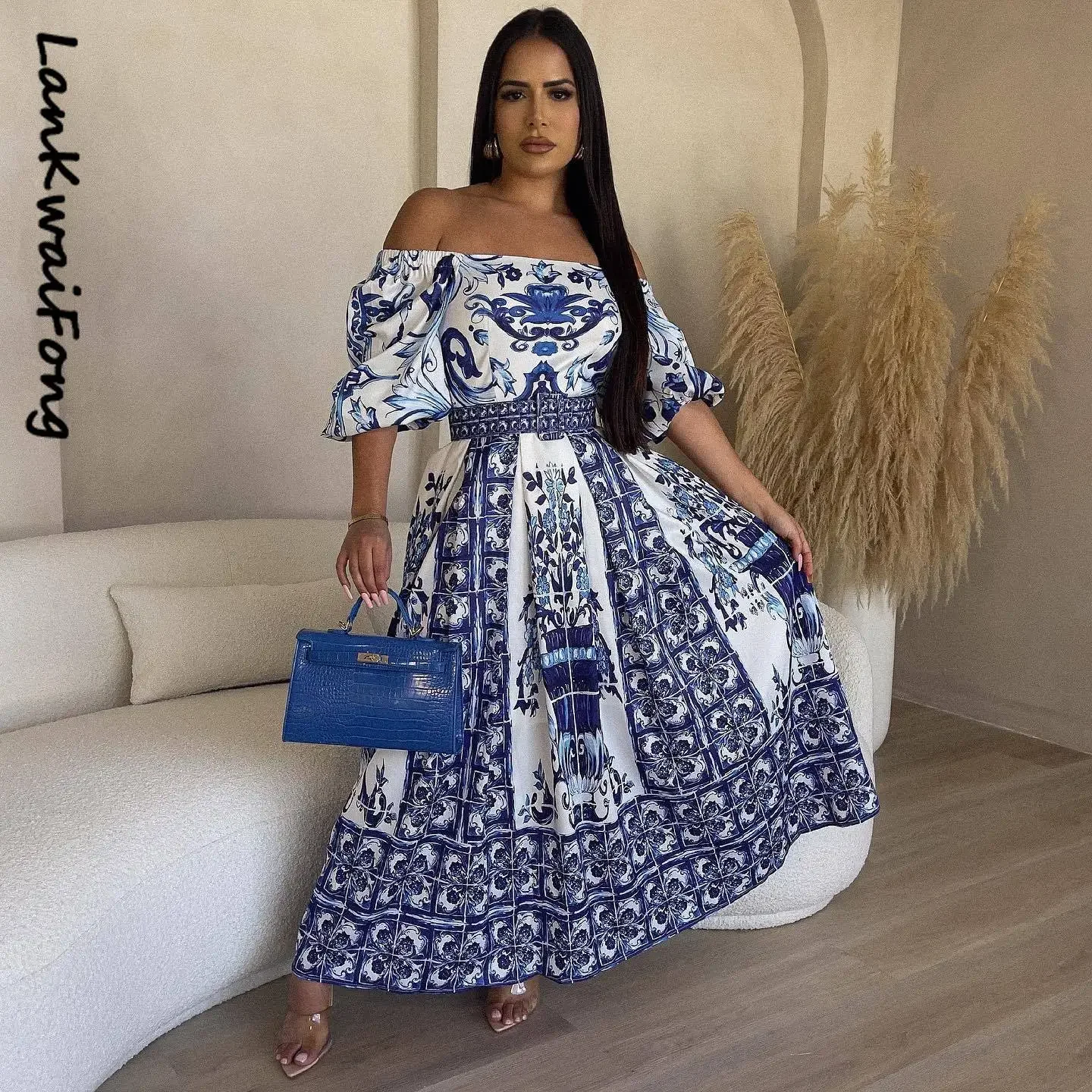 

2024 Temperament Casual Women's Dress Sexy Off Shoulder Blue And White Porcelain Print Loose Swing Dress