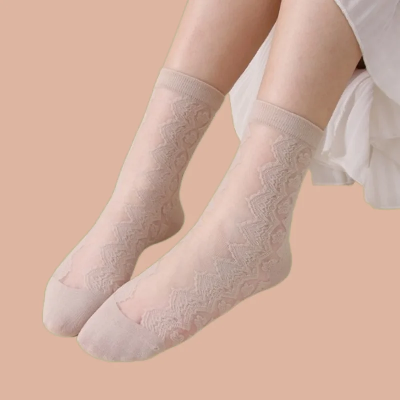 Medias de cristal Lolita para mujer, calcetines de cristal transpirables, cosidos a mano, sin hueso, 4/8 pares