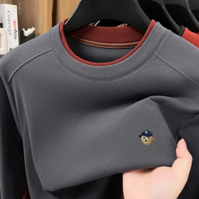 High end brand double-sided velvet long sleeve T-shirt men autumn new Korean style fashion embroidery round neck comfort sweater