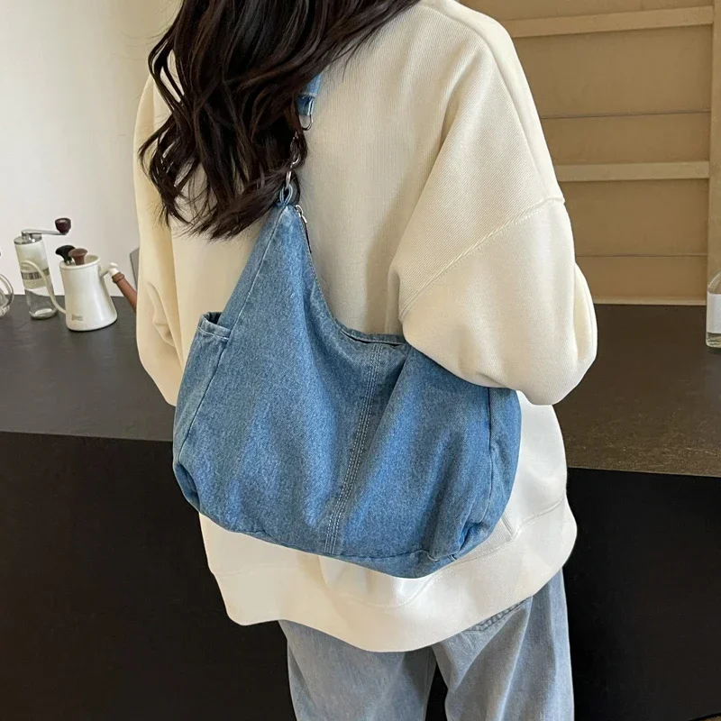 Casual DENIM ไหล่กระเป๋าแบบพกพาขนาดใหญ่ความจุ Retro กระเป๋า Crossbody สําหรับผู้หญิง 2024 ใหม่แฟชั่น Tote ลดราคา