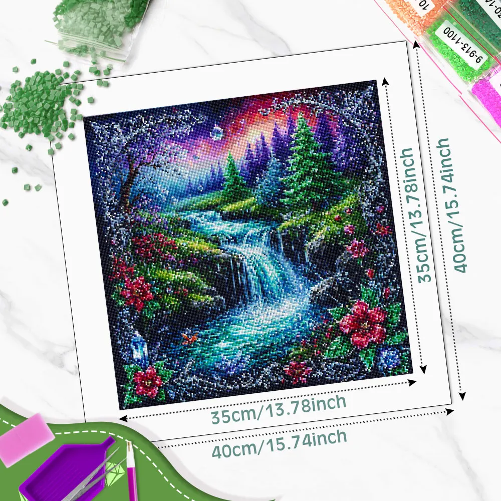 Huacan New Arrivals 2026 Diamond Painting Silver Frame Forest Stream Waterfall Diamond Mosaic Landscape Complete Kit Gift