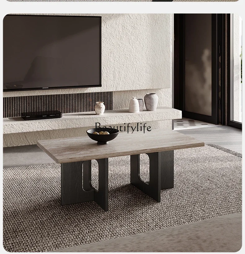 

Wabi Sandy Wind Solid Wood Travertine Coffee Table Household Living Room Modern Simple Small Tea Table Rectangle