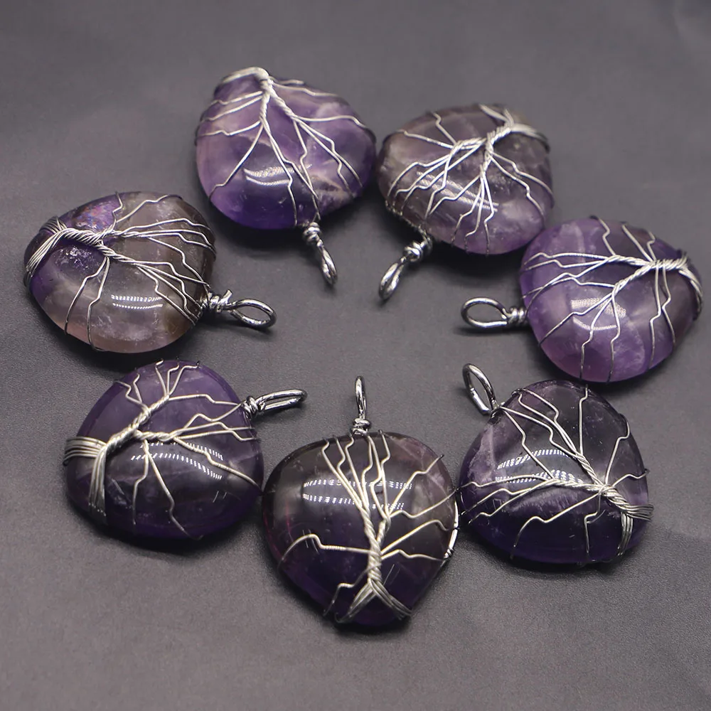 

Fashion Natural Amethyst Stone Heart Shape Pendants Necklaces Silver Reiki Wire Wrap Handmade Tree Of Life Charms Wholesale 4Pcs