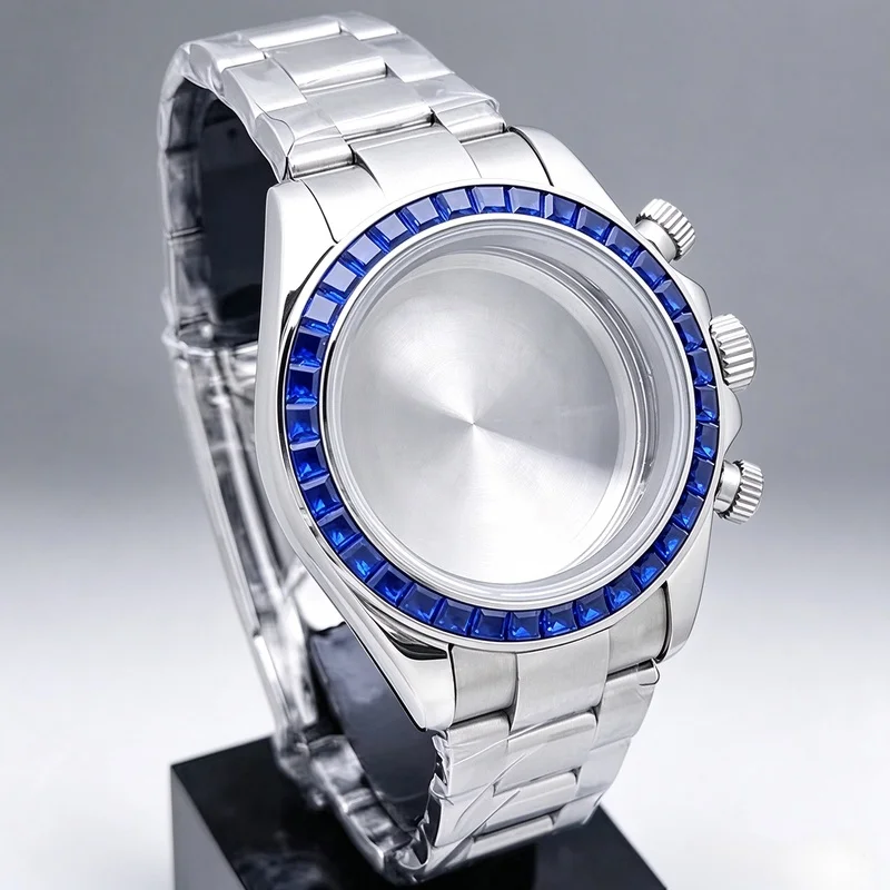 Watch Case 39.3mm Diamond Setting for VK63 Movement, 20mm Strap Lug, Sapphire Crystal, Waterproof Chronograph Style Watch Parts
