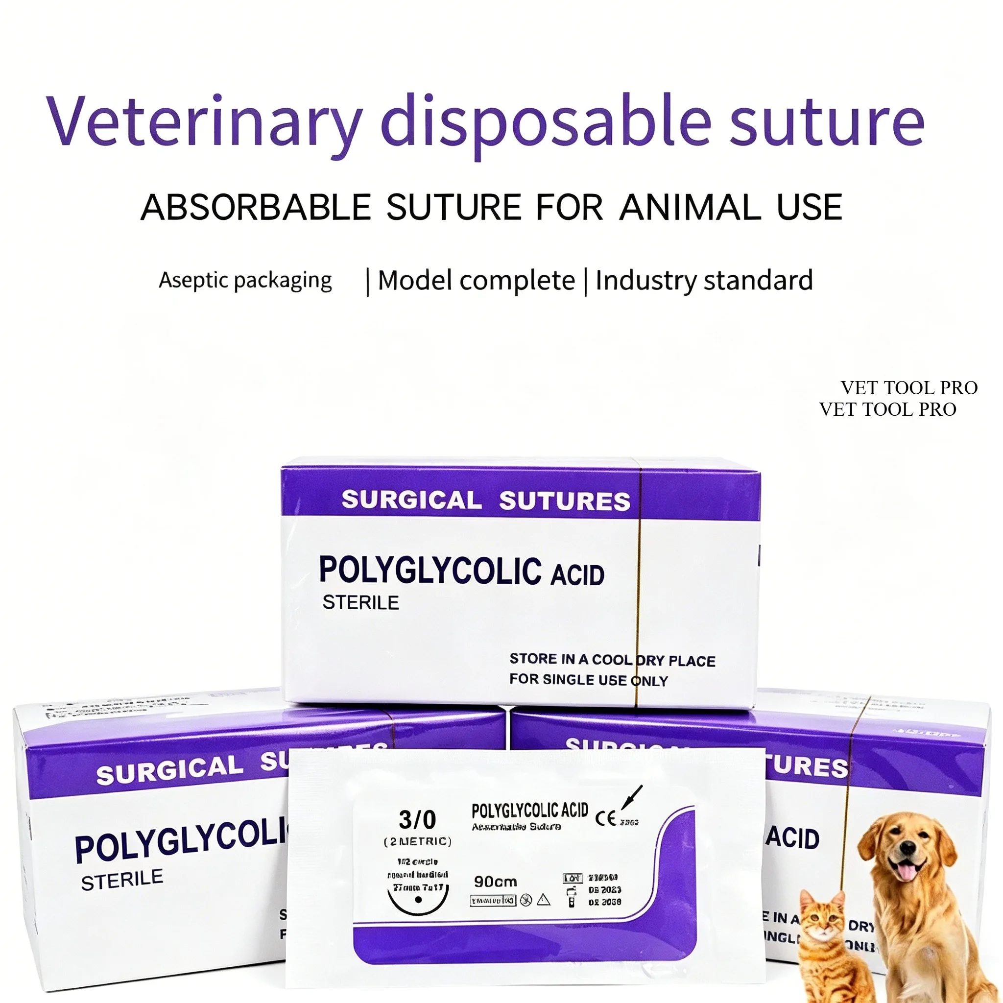 Veterinary Absorbable Sutures, Polyglycolic Suture (0/2/3/4 Medical Suture) (12 Pcs/90cm Round/Reverse Suture Thread)