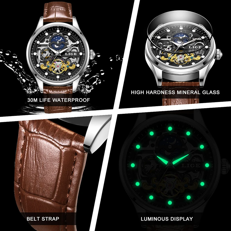 LIGE Hollow Mechanical Wristwatch for Men Fashion Leather Waterproof Watch Men Casual Business Luminous Automatic Men's Watches