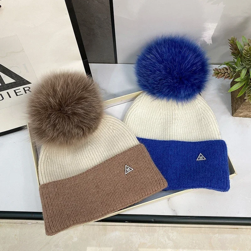 Japanese Natural Fox Fur Pompom Wool Hat Female Designers M Sign Knitted Hat Autumn Winter Warm Ear Protection Hat Beanies