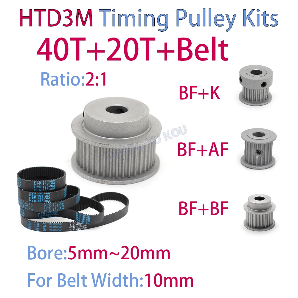 

HTD3M timing pulley kits 40teeth 20teeth width 10mm 1:2 reduction ratio synchronous belt optional kits combination HTD3M 40T 20T