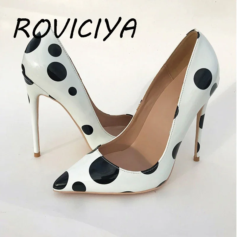 

Туфли на высоком каблуке 12 см, женские туфли-лодочки, пикантные туфли с острым носком для свадебной вечеринки, туфли на шпильке, черный, белый цвет, панда, большие размеры QP045 ROVICIYA