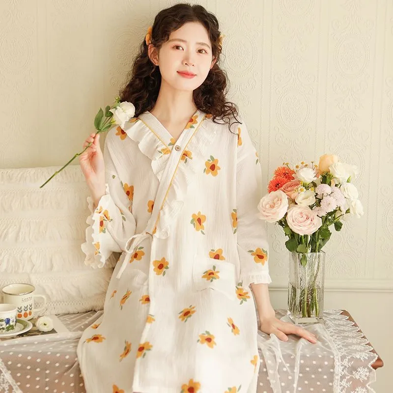 Women Spring Summer Sleeping Dress Split Sleeve Long Nightgown Double Layer Cotton Thin Gauze Sweet Home Bathrobe Sleepshirts