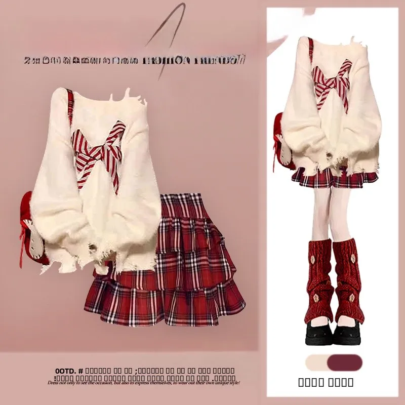 

Cisas Theme Women's Knitted Sweater And Plaid Skirt Set with Bow Design Autumn Winter Faion Outfit Two-Piece Set