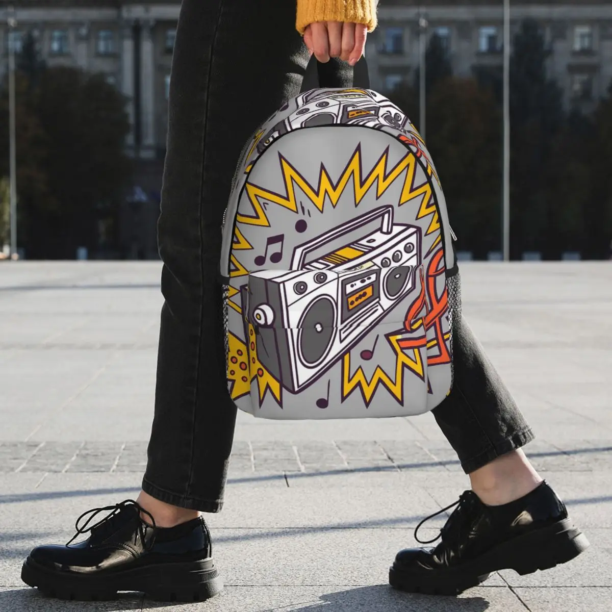 Vintage Grey Cartoon Boombox Backpack Student BookBag Children School Bag Computer Shoulder Bags for Men Women