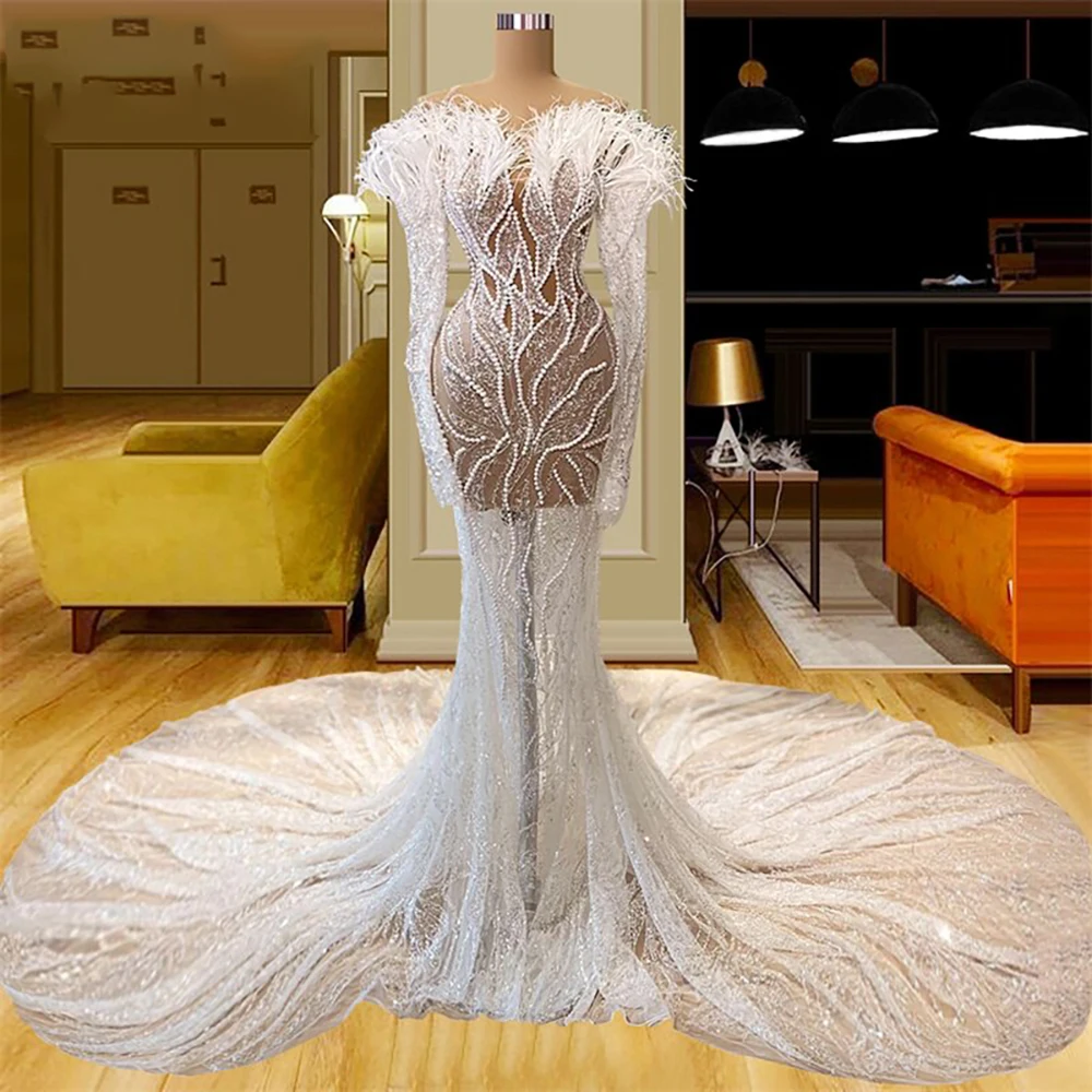 

White Prom Dress Sexy Long Train Sleeveless Appliques Feathers Illusion Elegant Evening Gowns Vestidos De Gala Women 2024