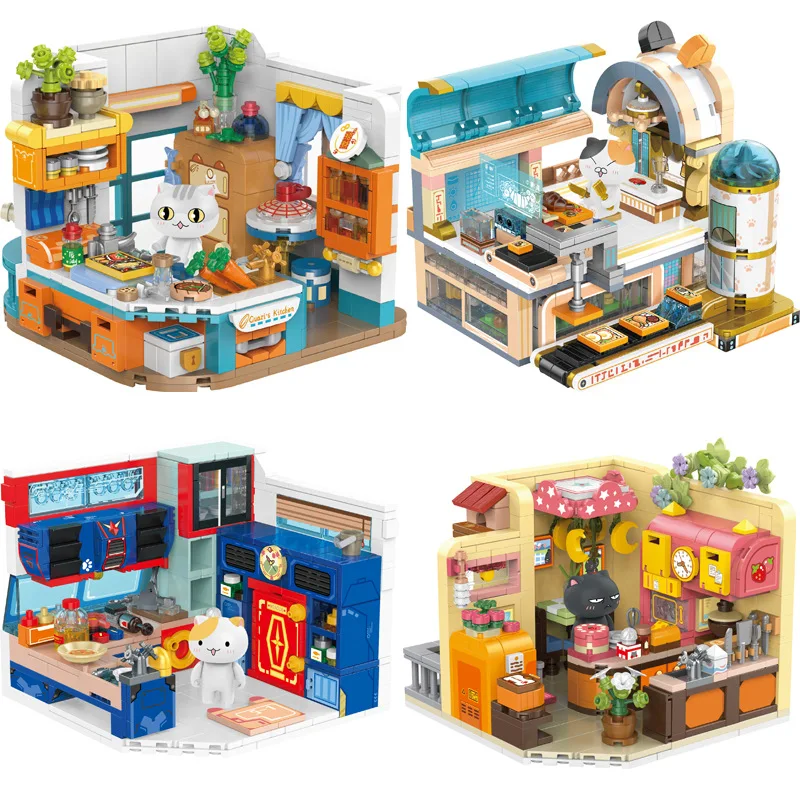 

Creative City Street View Kitten House Building Blocks Cat Kitchen DIY Puzzle Cute Desktop Ornament for Cat Lovers Birthday Gift