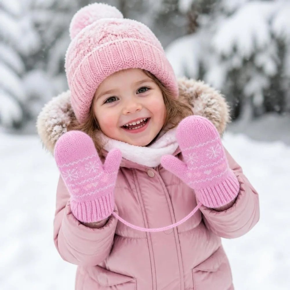 Thickened Warm Ski Gloves Hanging Neck Rope Full Finger Children Knitted Mittens Lining Solid Color Boys Girls Gloves