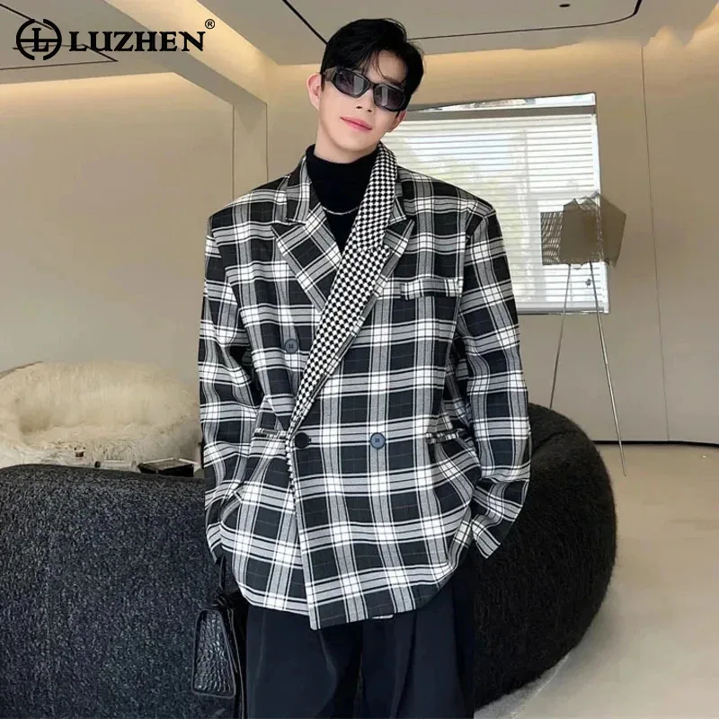 

LUZHEN Men's Plaid Blazer Printed Elegant Coat Temperament Loose 2025 Spring Original Casual Jacket Trendy Male Clothes JY5509