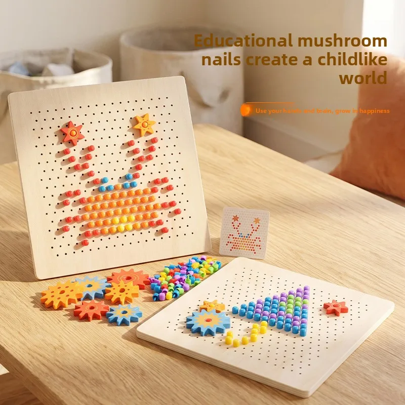 Wooden Mushroom Peg Puzzle Gear 2 in 1 Pegboard Mosaic Building Blocks Montessori Fine Motor Skills Educational Toy Gift for Kid