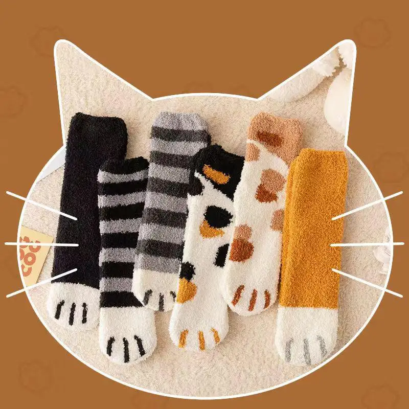 

6 Pairs Plush Cat Paw Thigh High Socks - Warm & Fluffy Winter Stockings for Women
