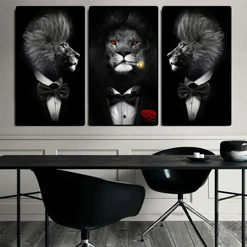 Funny Animal Black White Lion In Suit Canvas Art Posters And Prints Abstract Animals Canvas Paintings On the Wall Art Pictures