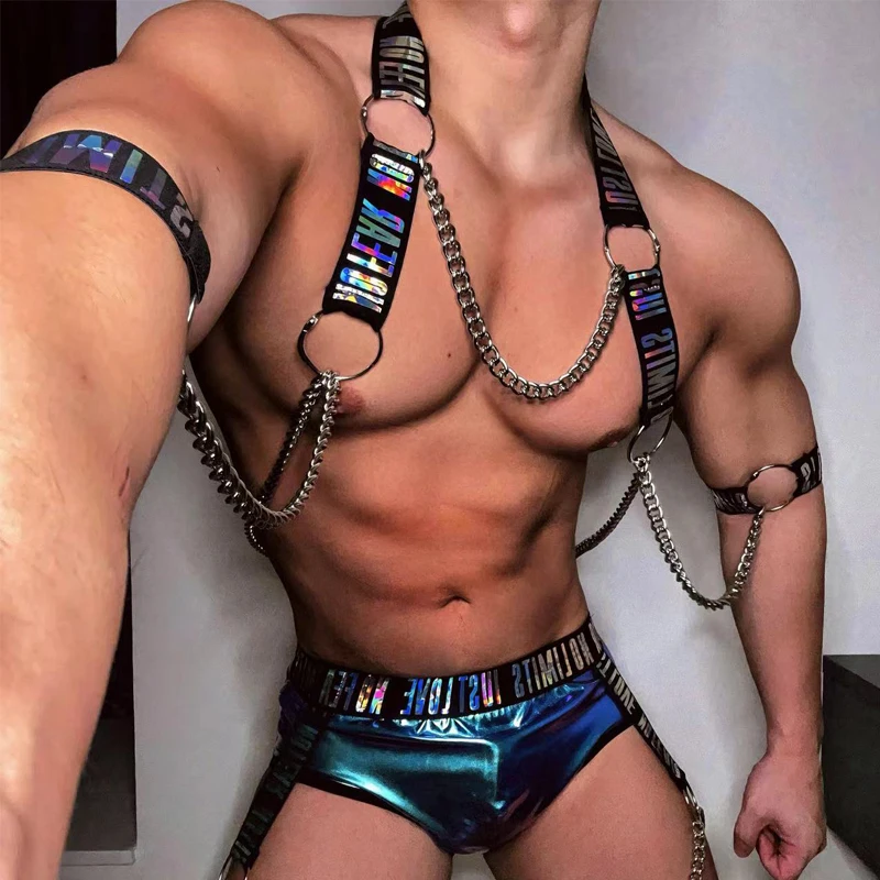 

Sexy Pole Dance Reflective Chest Ring Chain Shoulder Strap Laser Shorts Men Gogo Costumes Bar DJ DS Stage Clubwear XS8514