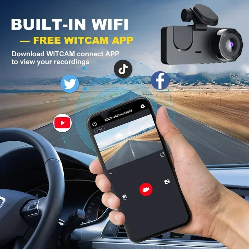 كاميرا داش 3 قنوات، كاميرا سيارة أمامية وخلفية 1080 بكسل FHD، تحكم في تطبيق WiFi، رؤية ليلية، وضع ركن السيارة، بطاقة 64 جيجا مجانية