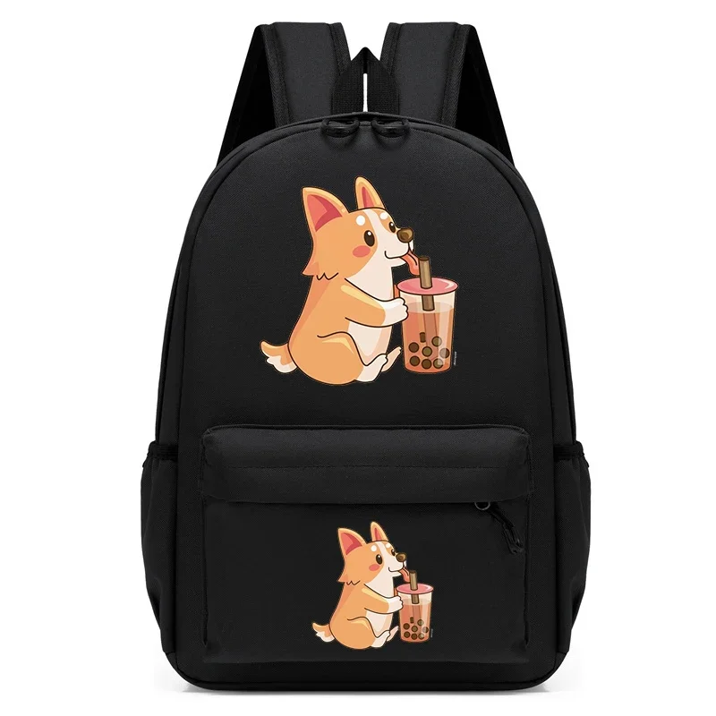 Cute Corgi Boba Print Backpack para estudantes, saco de computador, Anime Cartoon Bagpack, Travel Knapsack, moda