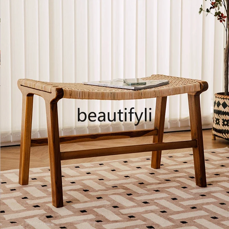 Medieval solid wood ottoman imported rattan teak stool home low stool designer shoe changing stool