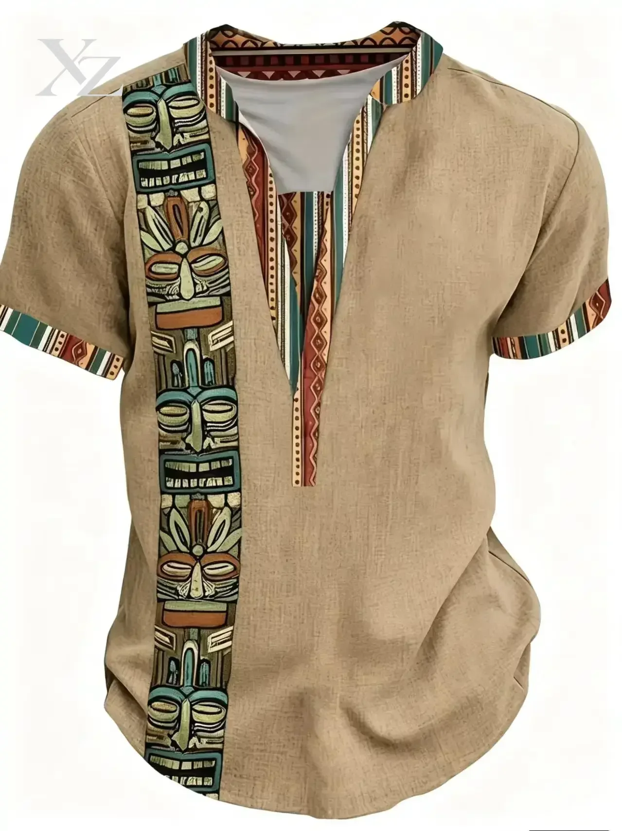 Hot Sale Men's Ethnic Style Printed Henry T-Shirt, Short Sleeved, Six Buttons, Casual Comfortable Summer Beach Top, Tiki