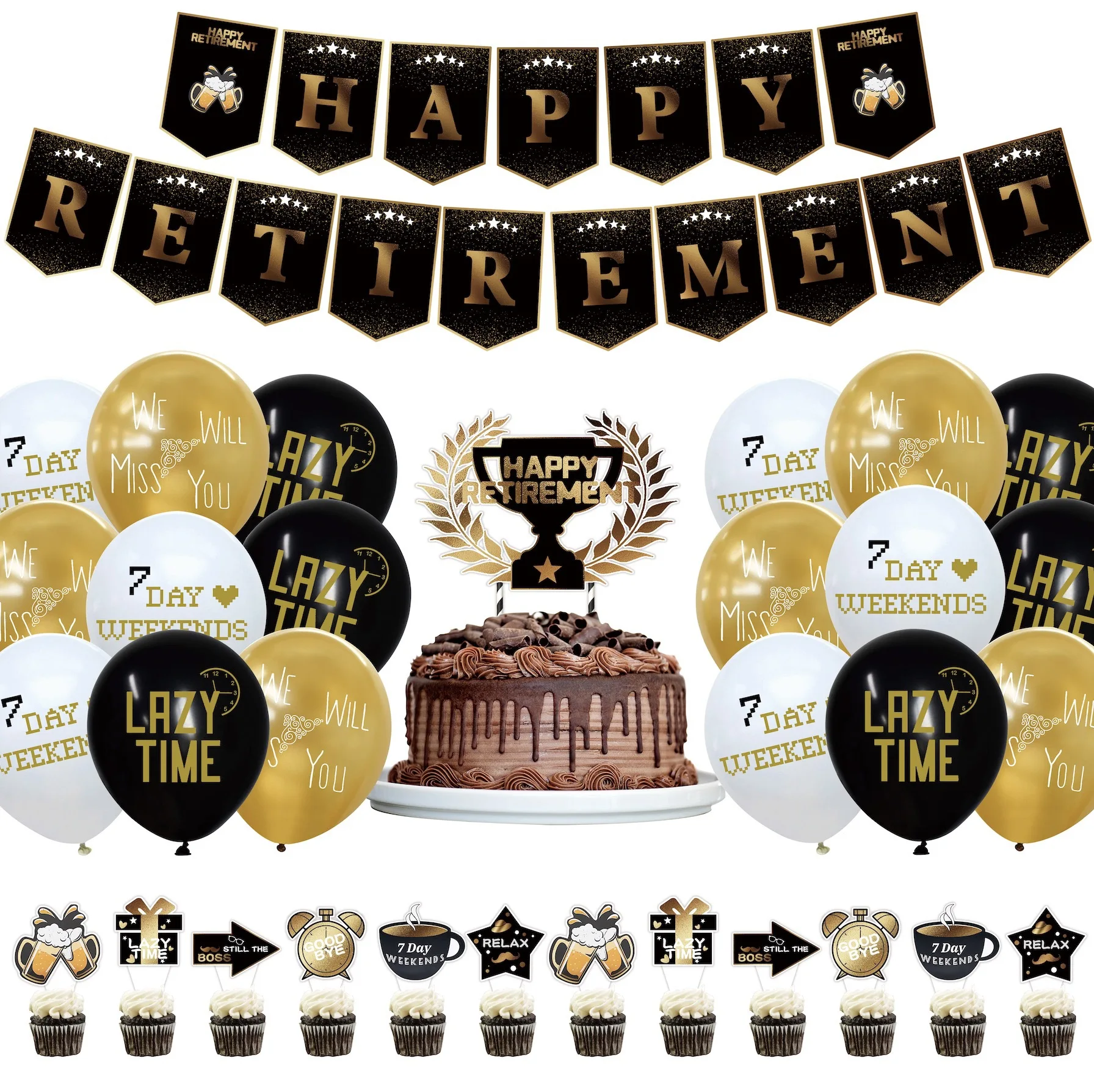 حفلة التقاعد الذهب الأسود موضوع التقاعد العلم أعلام بالون حزمة الطرف الديكور التصوير الفوتوغرافي فوتوكدعوة الدعائم