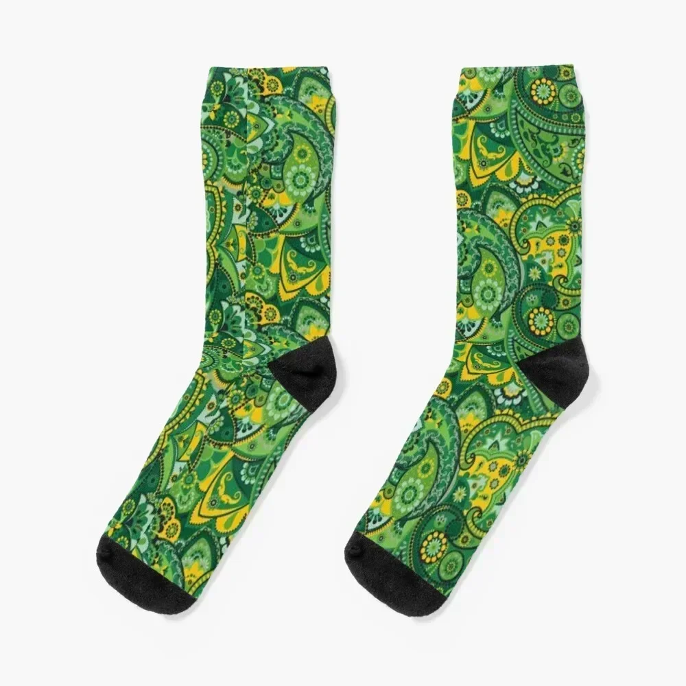 Green, Yellow and Light Blue Paisley Graphic Tee Socks floral funny sock anime funny gift Luxury Woman Socks Men's