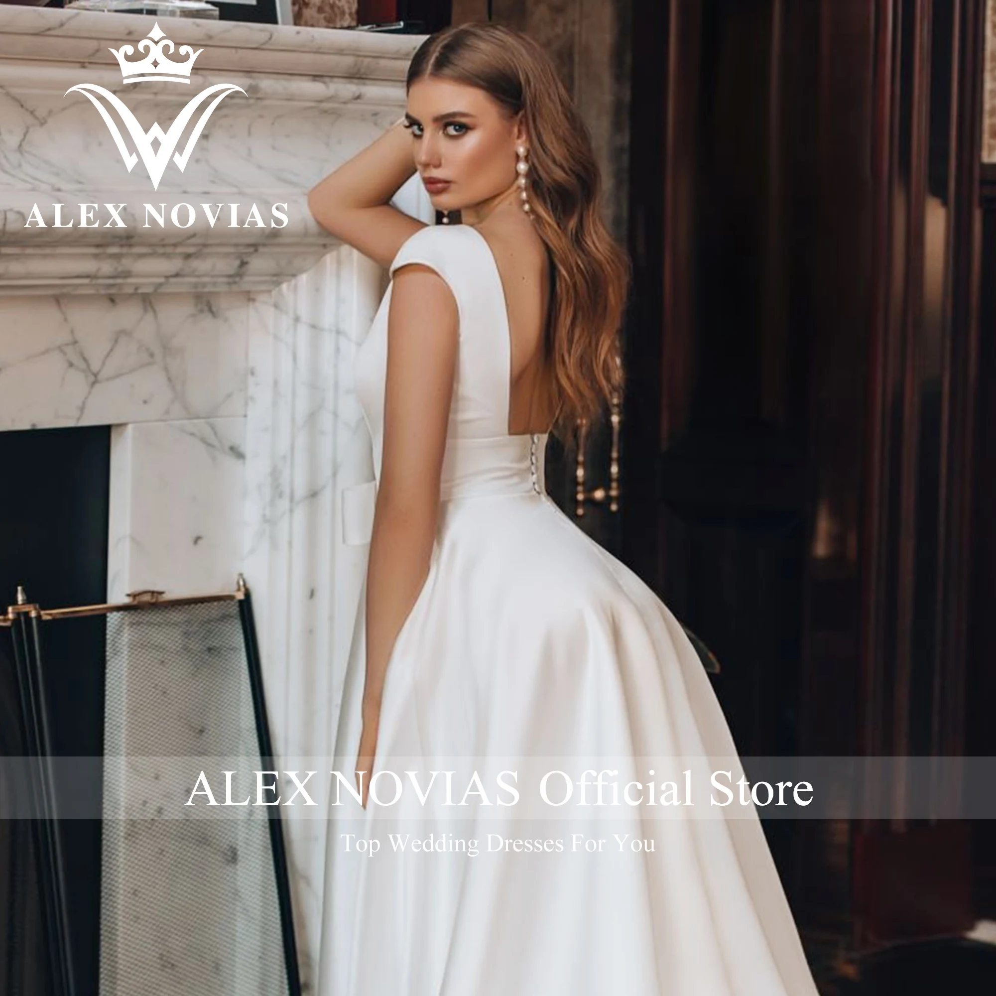 Alice NOVIAS – robe De mariée en Satin, ligne a, manches courtes, avec poches, col en v, dos nu, nœud, 2023